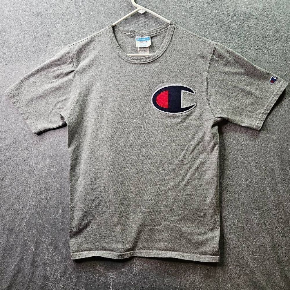 Vintage Champion Shirt Mens Medium Grey Big Logo Embroidered Patch Short Sleeve